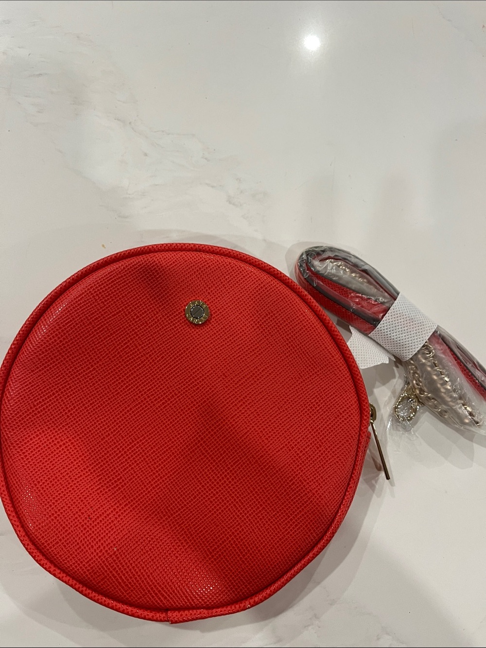 Kate Landry Reddish Orange Round Mini Crossbody with Gold Detail